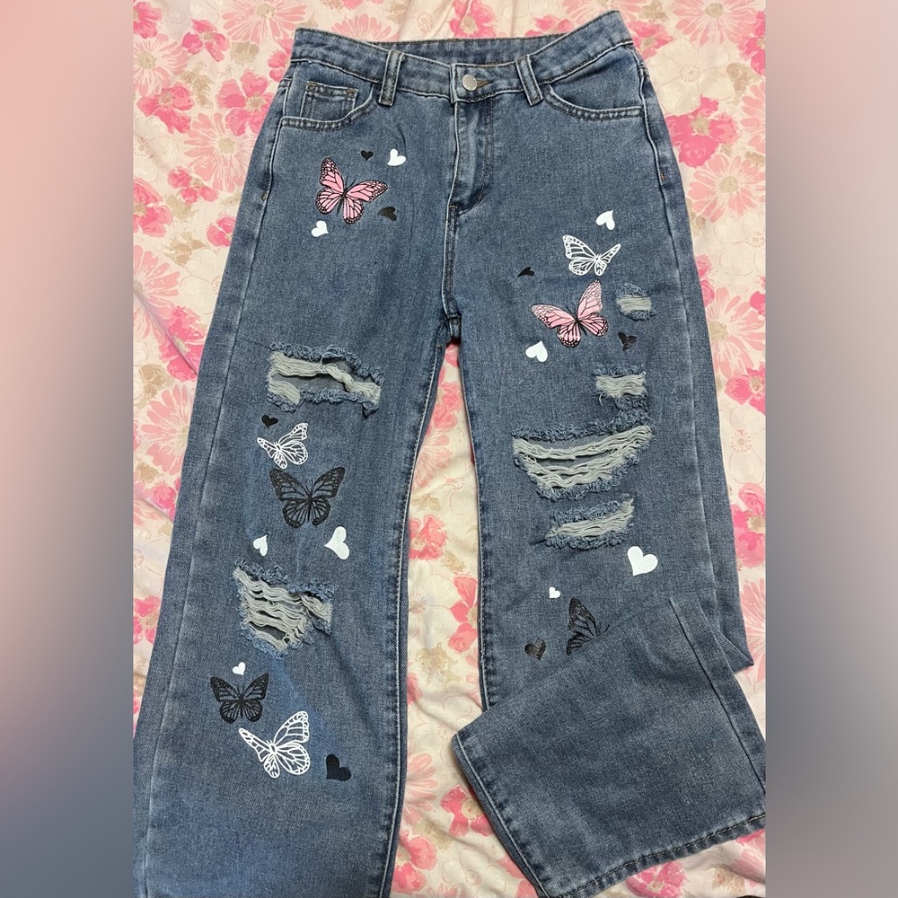 Shein kids 14y butterfly distressed jeans